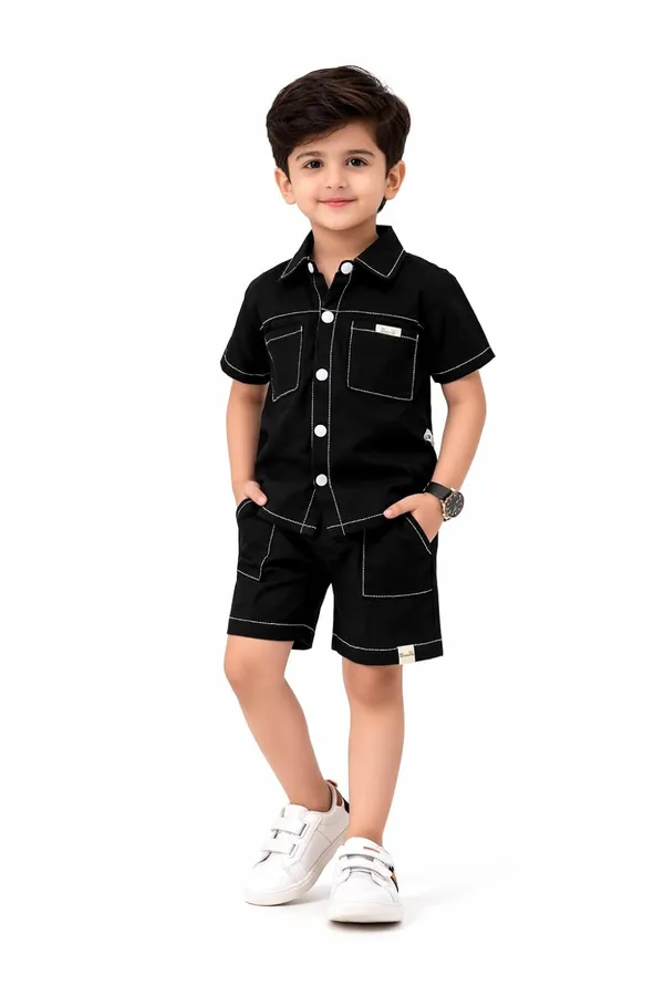 Boys_Cotton_Shirt_Shorts_Clothing_Set_With_Inner_T_Shirt_Half_Sleeve_Summer_Outfit_Casual_Kids_Co_Ord_Set_Black