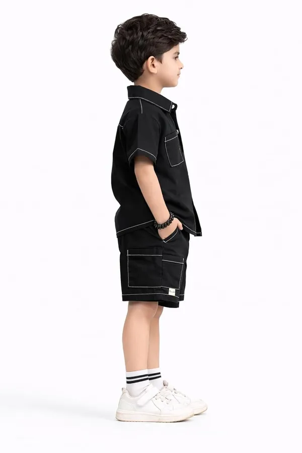 Boys_Cotton_Shirt_Shorts_Clothing_Set_With_Inner_T_Shirt_Half_Sleeve_Summer_Outfit_Casual_Kids_Co_Ord_Set_Black