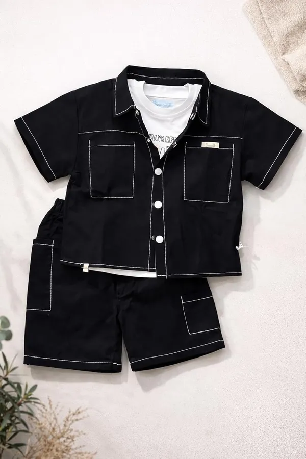 Boys_Cotton_Shirt_Shorts_Clothing_Set_With_Inner_T_Shirt_Half_Sleeve_Summer_Outfit_Casual_Kids_Co_Ord_Set_Black