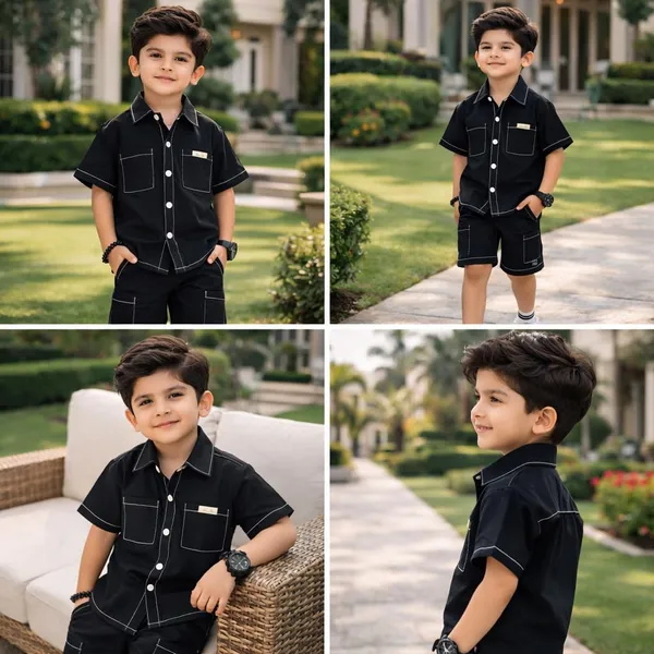 Boys_Cotton_Shirt_Shorts_Clothing_Set_With_Inner_T_Shirt_Half_Sleeve_Summer_Outfit_Casual_Kids_Co_Ord_Set_Black