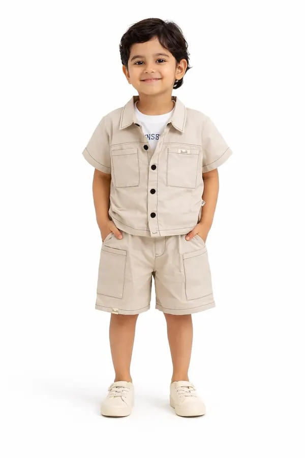 Boys_Cotton_Shirt_Shorts_Clothing_Set_With_Inner_T_Shirt_Half_Sleeve_Summer_Outfit_Casual_Kids_Co_Ord_Set_Beige