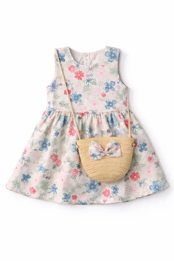 Girls_Floral_Printed_Sleeveless_Dress_With_Cute_Sling_Bag_Kids_Summer_Casual_Dress_Stylish_Party_Holiday_Wear_For_Girls_Pink