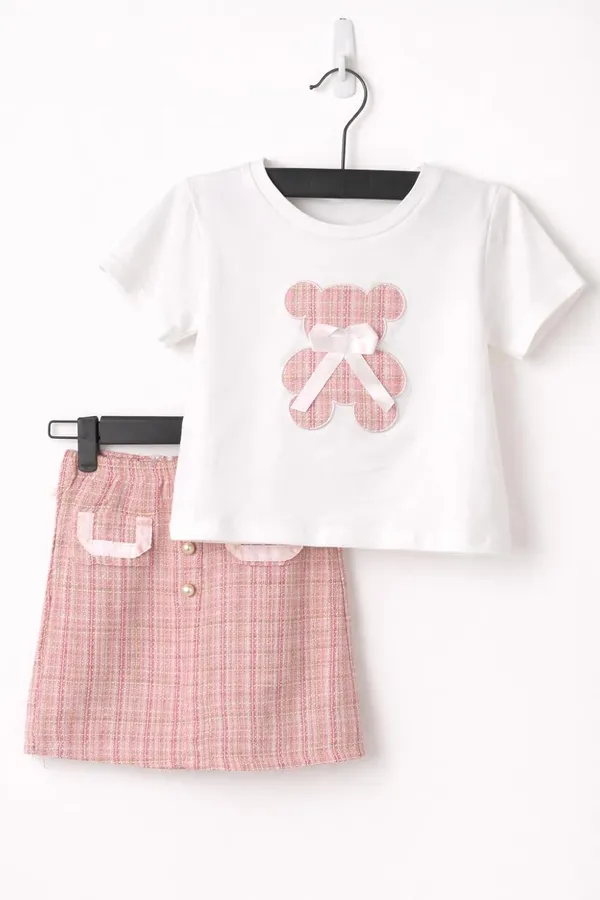 Girls_Teddy_Print_T_Shirt_And_Tweed_Skirt_Set_Cute_Summer_Co_Ord_Outfit_For_Kids_Stylish_2_Piece_Clothing_Set_Blue