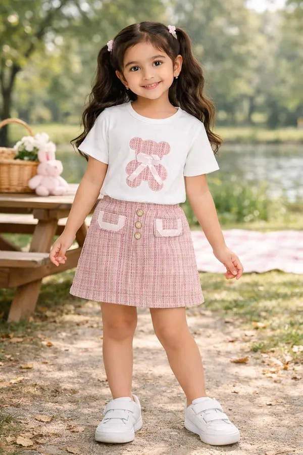 Girls_Teddy_Print_T_Shirt_And_Tweed_Skirt_Set_Cute_Summer_Co_Ord_Outfit_For_Kids_Stylish_2_Piece_Clothing_Set_Blue
