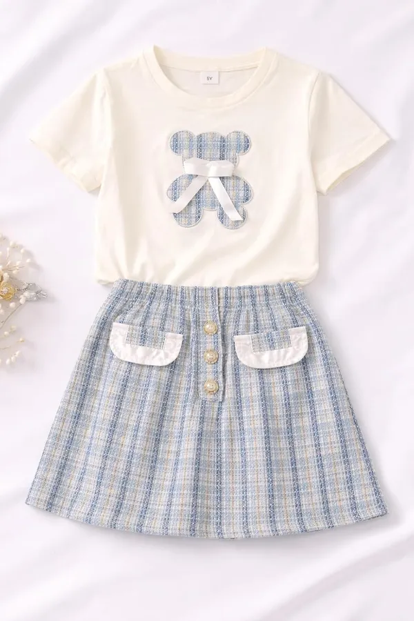 Girls_Teddy_Print_T_Shirt_And_Tweed_Skirt_Set_Cute_Summer_Co_Ord_Outfit_For_Kids_Stylish_2_Piece_Clothing_Set_Blue