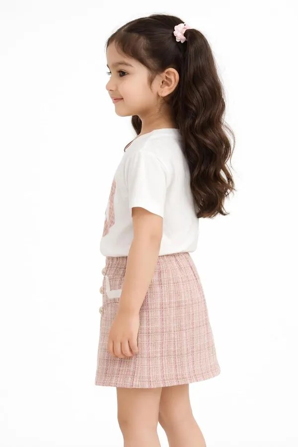 Girls_Teddy_Print_T_Shirt_And_Tweed_Skirt_Set_Cute_Summer_Co_Ord_Outfit_For_Kids_Stylish_2_Piece_Clothing_Set_Blue