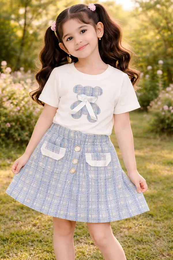Girls_Teddy_Print_T_Shirt_And_Tweed_Skirt_Set_Cute_Summer_Co_Ord_Outfit_For_Kids_Stylish_2_Piece_Clothing_Set_Blue