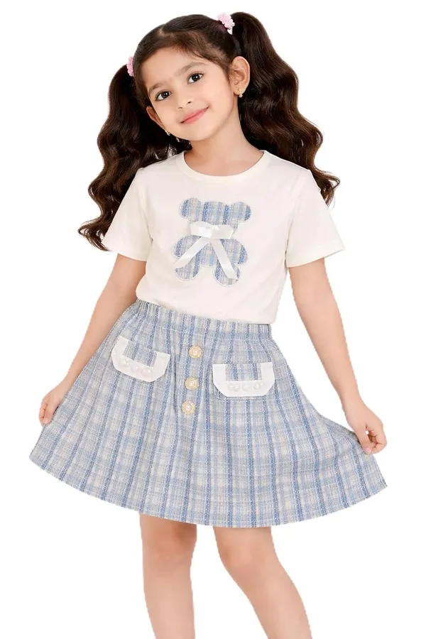 Girls_Teddy_Print_T_Shirt_And_Tweed_Skirt_Set_Cute_Summer_Co_Ord_Outfit_For_Kids_Stylish_2_Piece_Clothing_Set_Blue