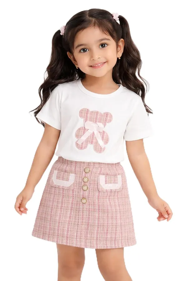 Girls_Teddy_Print_T_Shirt_And_Tweed_Skirt_Set_Cute_Summer_Co_Ord_Outfit_For_Kids_Stylish_2_Piece_Clothing_Set_Pink