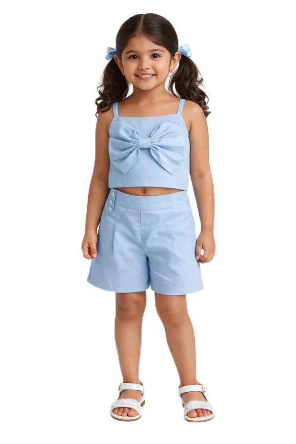 Girls_Bow_Crop_Top_And_Shorts_Set_Cute_Summer_Co_Ord_Outfit_For_Kids_Stylish_Casual_2_Piece_Clothing_Set_Blue