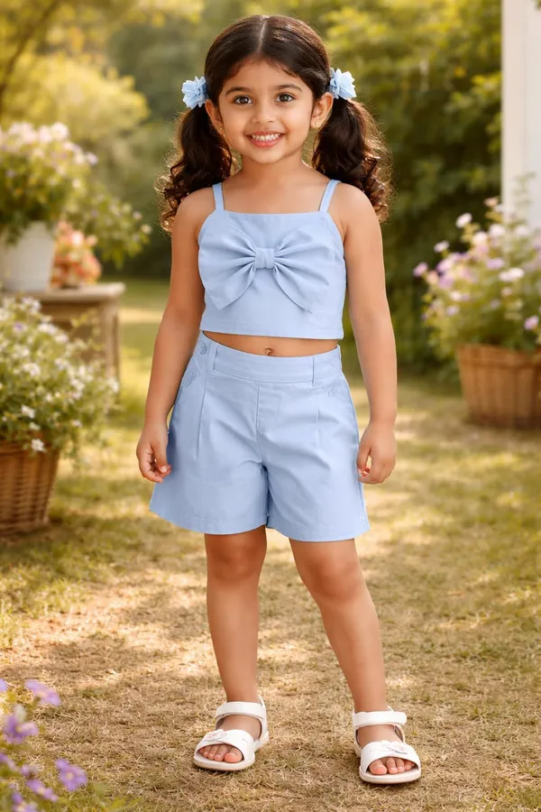 Girls_Bow_Crop_Top_And_Shorts_Set_Cute_Summer_Co_Ord_Outfit_For_Kids_Stylish_Casual_2_Piece_Clothing_Set_Pink