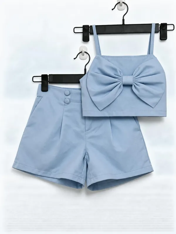 Girls_Bow_Crop_Top_And_Shorts_Set_Cute_Summer_Co_Ord_Outfit_For_Kids_Stylish_Casual_2_Piece_Clothing_Set_Pink