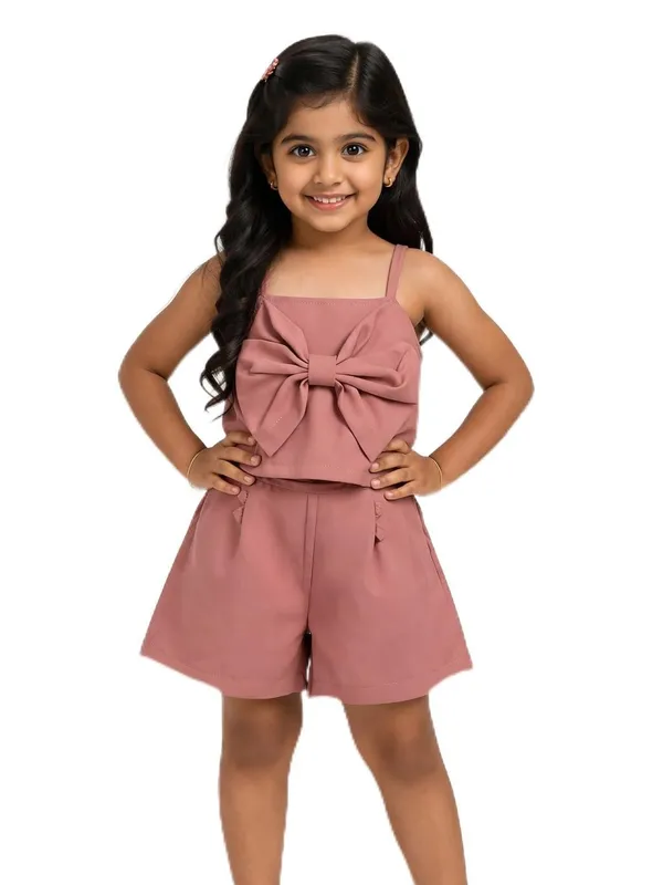 Girls_Bow_Crop_Top_And_Shorts_Set_Cute_Summer_Co_Ord_Outfit_For_Kids_Stylish_Casual_2_Piece_Clothing_Set_Pink