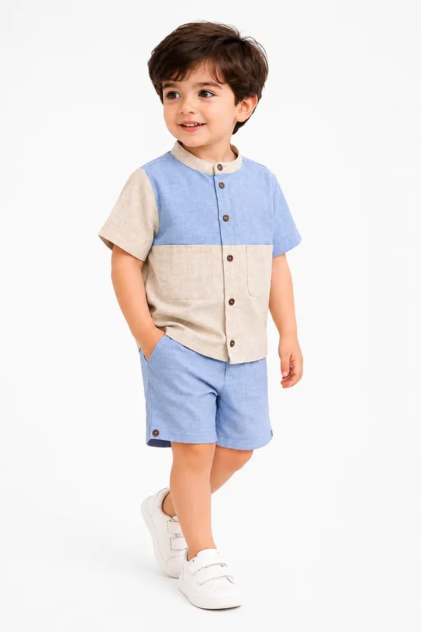 Boys_Blue_And_Beige_Color_Block_Shirt_and_Shorts_Set