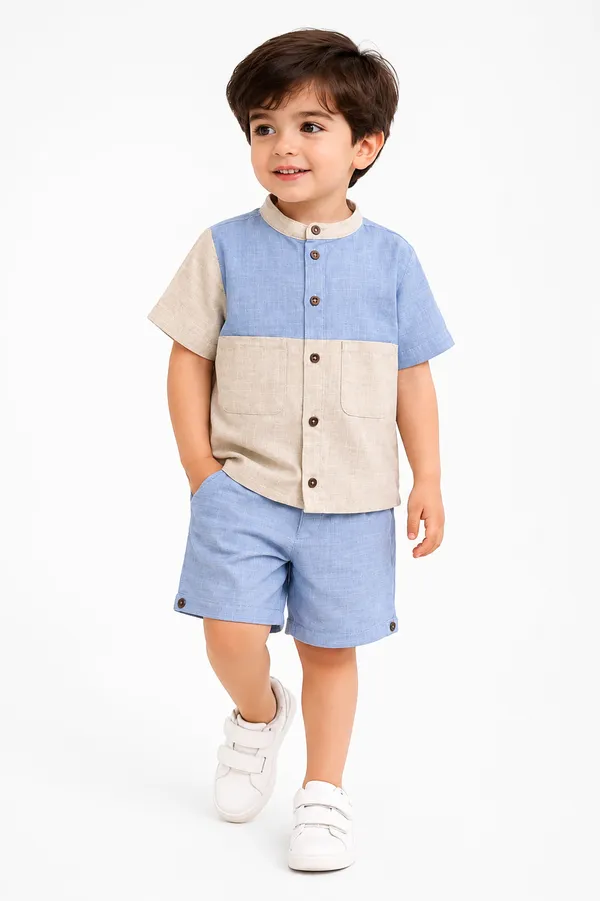 Boys_Blue_And_Beige_Color_Block_Shirt_and_Shorts_Set