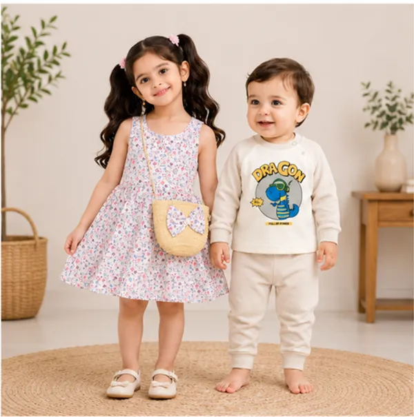 Beige_Full_Sleeve_Cotton_Sweatshirt_jogger_set_and_Girls_Floral_Printed_Sleeveless_Dress_With_Cute_Sling_Bag_Kids_Summer_Casual_Dress_Stylish_Party_Holiday_Wear_For_Girls_Pink