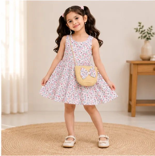 Beige_Full_Sleeve_Cotton_Sweatshirt_jogger_set_and_Girls_Floral_Printed_Sleeveless_Dress_With_Cute_Sling_Bag_Kids_Summer_Casual_Dress_Stylish_Party_Holiday_Wear_For_Girls_Pink