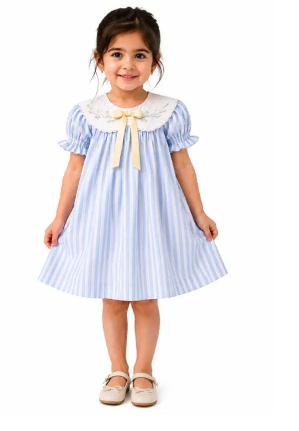 Boys_Blue_Striped_Henley_T-Shirt_and_Brown_Shorts_Set_and_Blue_Striped_Collared_Dress_for_Girls_with_Puffed_Sleeves_and_Bow_Detail