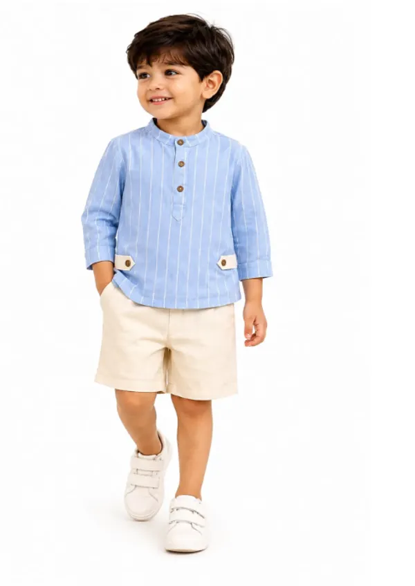 Boys_Blue_Striped_Henley_T-Shirt_and_Brown_Shorts_Set_and_Blue_Striped_Collared_Dress_for_Girls_with_Puffed_Sleeves_and_Bow_Detail