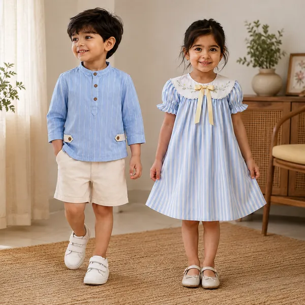 Boys_Blue_Striped_Henley_T-Shirt_and_Brown_Shorts_Set_and_Blue_Striped_Collared_Dress_for_Girls_with_Puffed_Sleeves_and_Bow_Detail