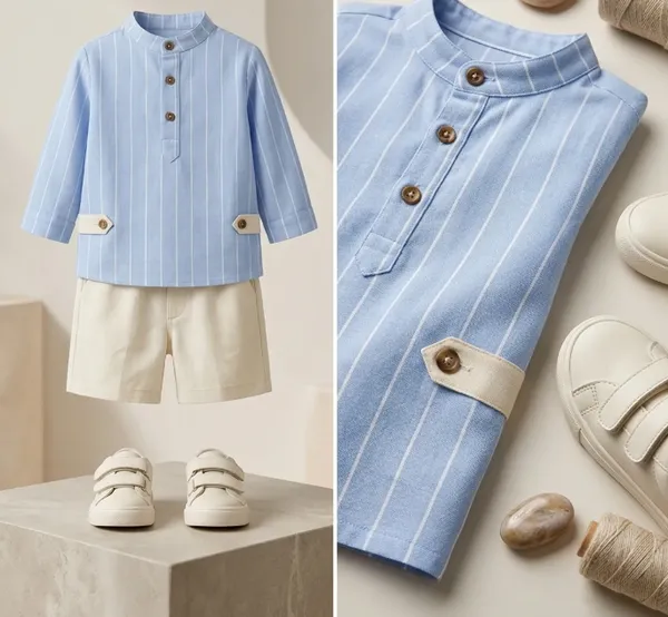 Boys_Blue_Striped_Henley_T-Shirt_and_Brown_Shorts_Set_and_Blue_Striped_Collared_Dress_for_Girls_with_Puffed_Sleeves_and_Bow_Detail