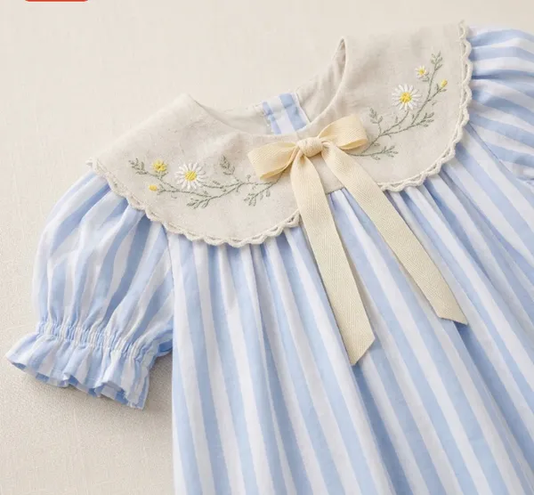 Boys_Blue_Striped_Henley_T-Shirt_and_Brown_Shorts_Set_and_Blue_Striped_Collared_Dress_for_Girls_with_Puffed_Sleeves_and_Bow_Detail