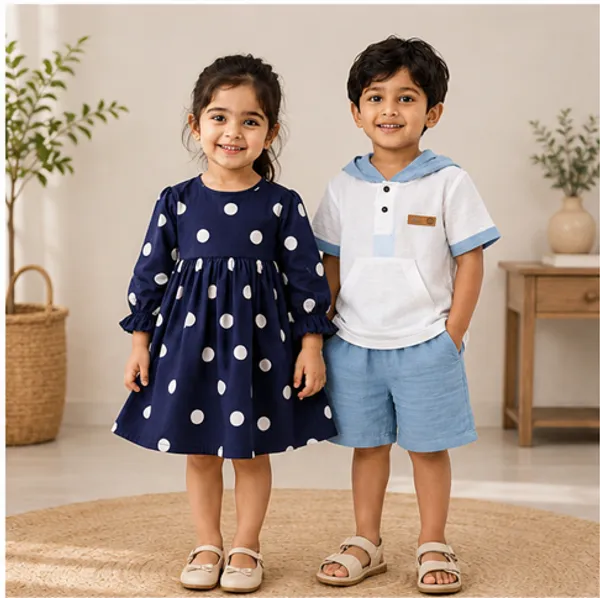 Boys_Cotton_Hooded_T_Shirt_And_Shorts_Set_Summer_Casual_Outfit_Soft_Breathable_Clothing_Set_For_Boys_Blue_and_Navy_Blue_Polka_Dot_Dress_for_Girls