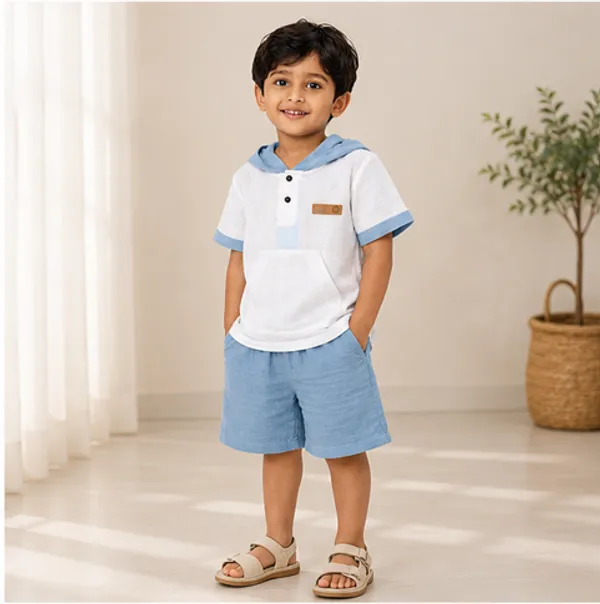 Boys_Cotton_Hooded_T_Shirt_And_Shorts_Set_Summer_Casual_Outfit_Soft_Breathable_Clothing_Set_For_Boys_Blue_and_Navy_Blue_Polka_Dot_Dress_for_Girls