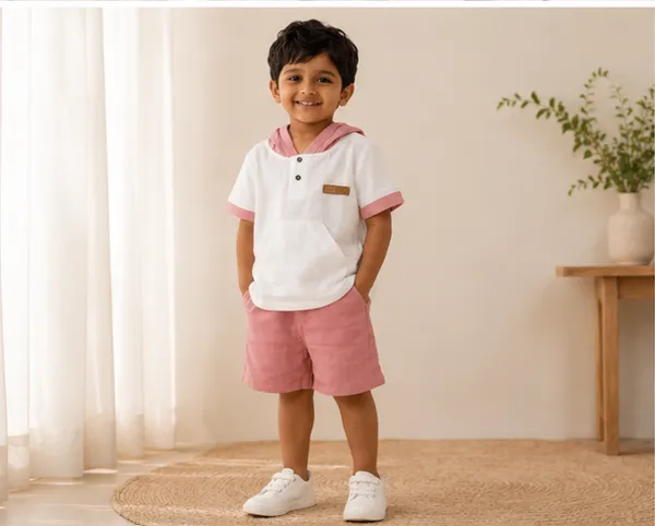 Boys_Cotton_Hooded_T_Shirt_And_Shorts_Set_Summer_Casual_Outfit_Soft_Breathable_Clothing_Set_For_Boys_Pink_and_Girls_Bow_Crop_Top_And_Shorts_Set_Cute_Summer_Co_Ord_Outfit_For_Kids_Stylish_Casual_2_Piece_Clothing_Set_Pink
