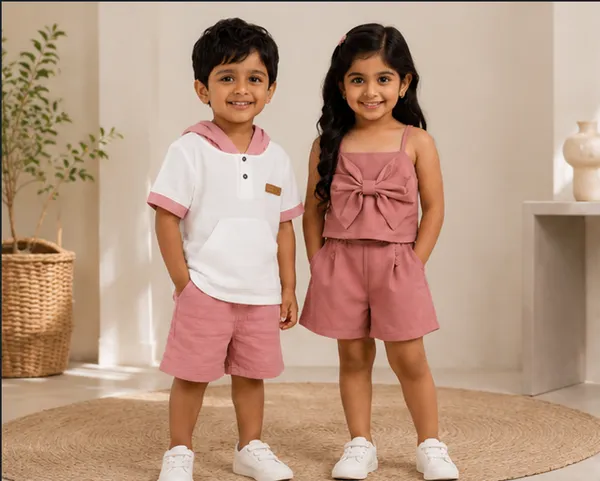 Boys_Cotton_Hooded_T_Shirt_And_Shorts_Set_Summer_Casual_Outfit_Soft_Breathable_Clothing_Set_For_Boys_Pink_and_Girls_Bow_Crop_Top_And_Shorts_Set_Cute_Summer_Co_Ord_Outfit_For_Kids_Stylish_Casual_2_Piece_Clothing_Set_Pink