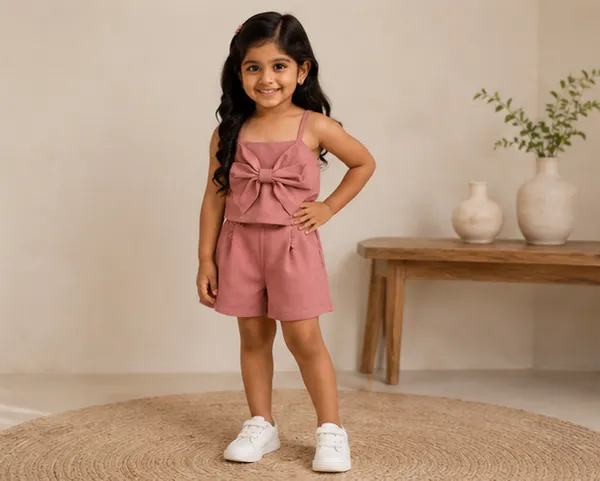 Boys_Cotton_Hooded_T_Shirt_And_Shorts_Set_Summer_Casual_Outfit_Soft_Breathable_Clothing_Set_For_Boys_Pink_and_Girls_Bow_Crop_Top_And_Shorts_Set_Cute_Summer_Co_Ord_Outfit_For_Kids_Stylish_Casual_2_Piece_Clothing_Set_Pink