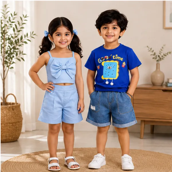 Boys_Cotton_Printed_T_Shirt_And_Denim_Shorts_Set_Cute_Cartoon_Graphic_Summer_Outfit_For_Kids_Casual_2_Piece_Clothing_Set_Blue_and_Girls_Bow_Crop_Top_And_Shorts_Set_Cute_Summer_Co_Ord_Outfit_For_Kids_Stylish_Casual_2_Piece_Clothing_Set_Blue