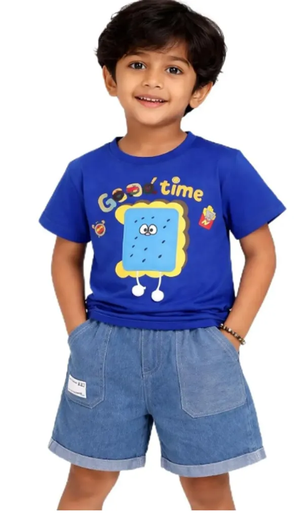Boys_Cotton_Printed_T_Shirt_And_Denim_Shorts_Set_Cute_Cartoon_Graphic_Summer_Outfit_For_Kids_Casual_2_Piece_Clothing_Set_Blue_and_Girls_Bow_Crop_Top_And_Shorts_Set_Cute_Summer_Co_Ord_Outfit_For_Kids_Stylish_Casual_2_Piece_Clothing_Set_Blue