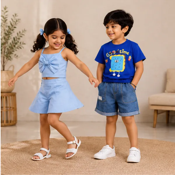 Boys_Cotton_Printed_T_Shirt_And_Denim_Shorts_Set_Cute_Cartoon_Graphic_Summer_Outfit_For_Kids_Casual_2_Piece_Clothing_Set_Blue_and_Girls_Bow_Crop_Top_And_Shorts_Set_Cute_Summer_Co_Ord_Outfit_For_Kids_Stylish_Casual_2_Piece_Clothing_Set_Blue