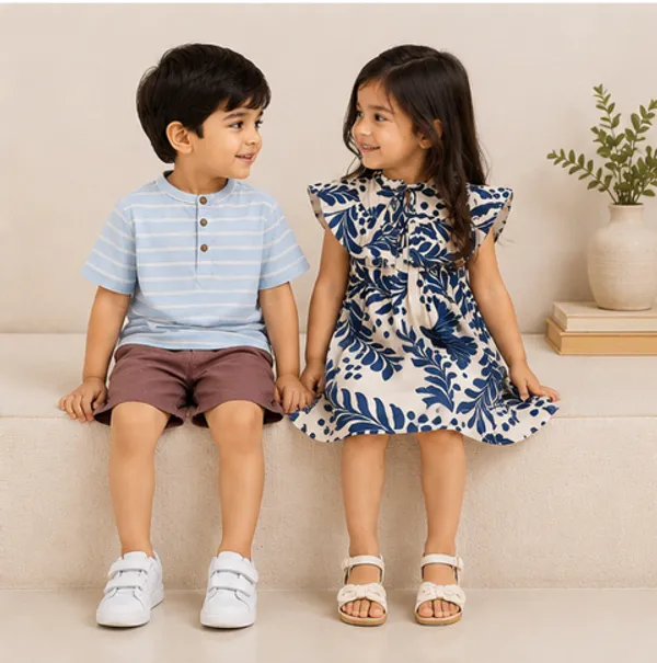 Boys_Light_Blue_Striped_Henley_Shirt_and_Maroon_Shorts_Set_and_Navy_Blue_Botanical_Print_Ruffle-Front_Tiered_Dress_for_Girls