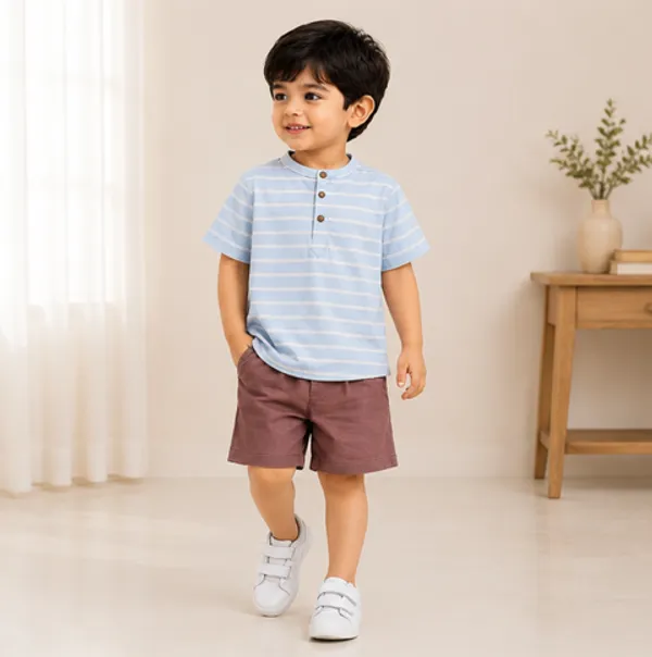 Boys_Light_Blue_Striped_Henley_Shirt_and_Maroon_Shorts_Set_and_Navy_Blue_Botanical_Print_Ruffle-Front_Tiered_Dress_for_Girls