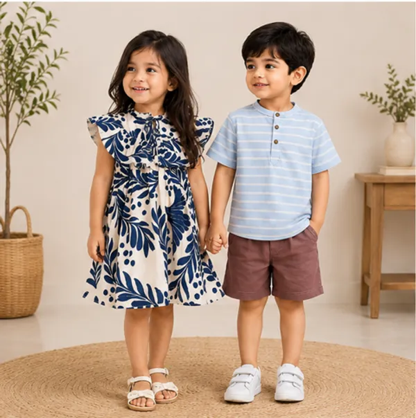 Boys_Light_Blue_Striped_Henley_Shirt_and_Maroon_Shorts_Set_and_Navy_Blue_Botanical_Print_Ruffle-Front_Tiered_Dress_for_Girls