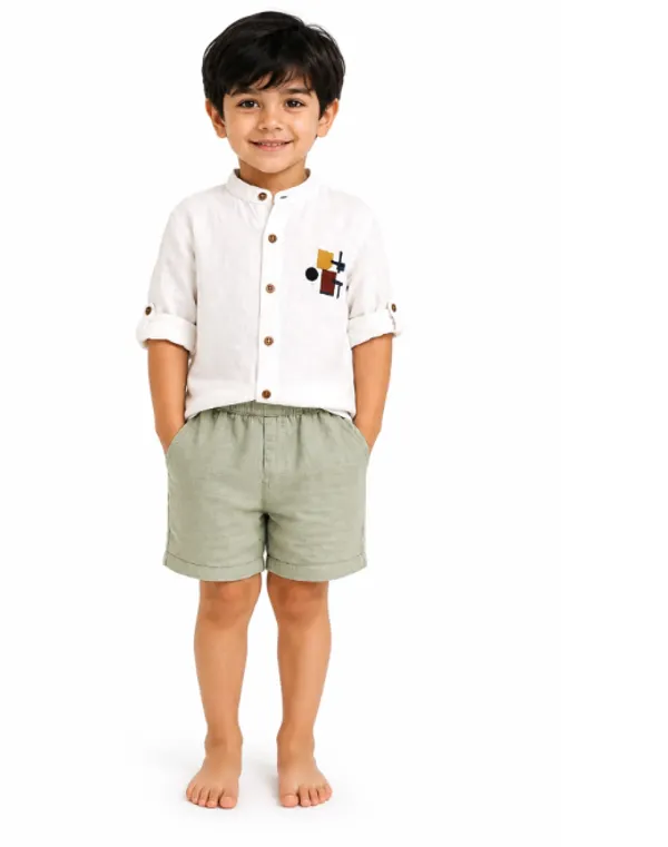 Boys_White_Shirt_with_Geometric_Pocket_Detail_and_Sage_Green_Shorts_Set_and_Girls_Sage_Green_Ruffle_Co-ord_Set_-_Long_Sleeve_Top_&_Palazzo_Pants