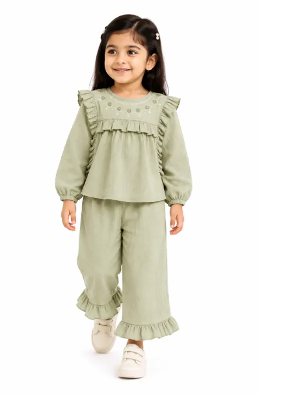 Boys_White_Shirt_with_Geometric_Pocket_Detail_and_Sage_Green_Shorts_Set_and_Girls_Sage_Green_Ruffle_Co-ord_Set_-_Long_Sleeve_Top_&_Palazzo_Pants