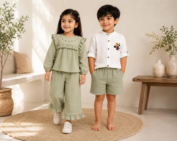Boys_White_Shirt_with_Geometric_Pocket_Detail_and_Sage_Green_Shorts_Set_and_Girls_Sage_Green_Ruffle_Co-ord_Set_-_Long_Sleeve_Top_&_Palazzo_Pants