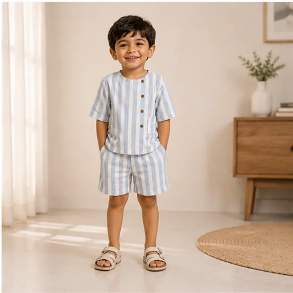 Coastal_Blue_Striped_Linen_Shirt_and_Shorts_Set_and_Blue_and_White_Gingham_Check_Dress_with_White_Collar_for_Baby_Girls