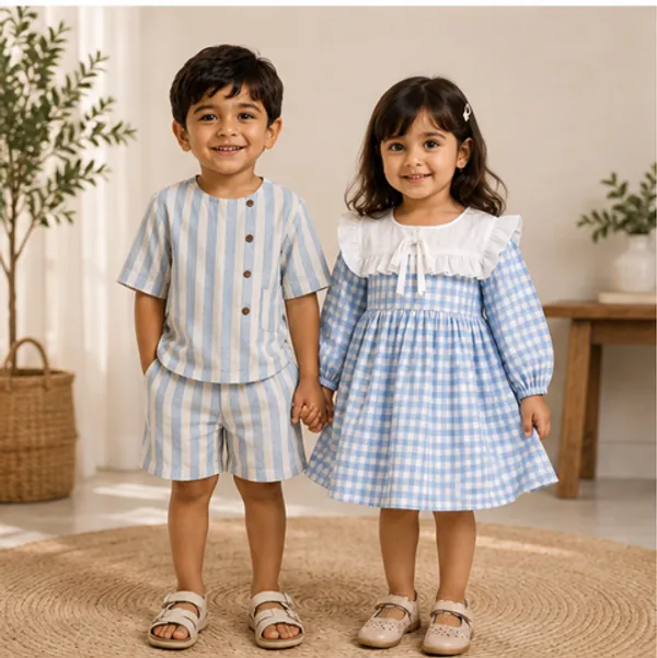 Coastal_Blue_Striped_Linen_Shirt_and_Shorts_Set_and_Blue_and_White_Gingham_Check_Dress_with_White_Collar_for_Baby_Girls
