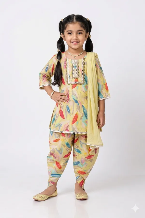 Leaf_Print_Kurti_Set_With_Dhoti_Dupatta_Modern_Ethnic_Wear_For_Girls