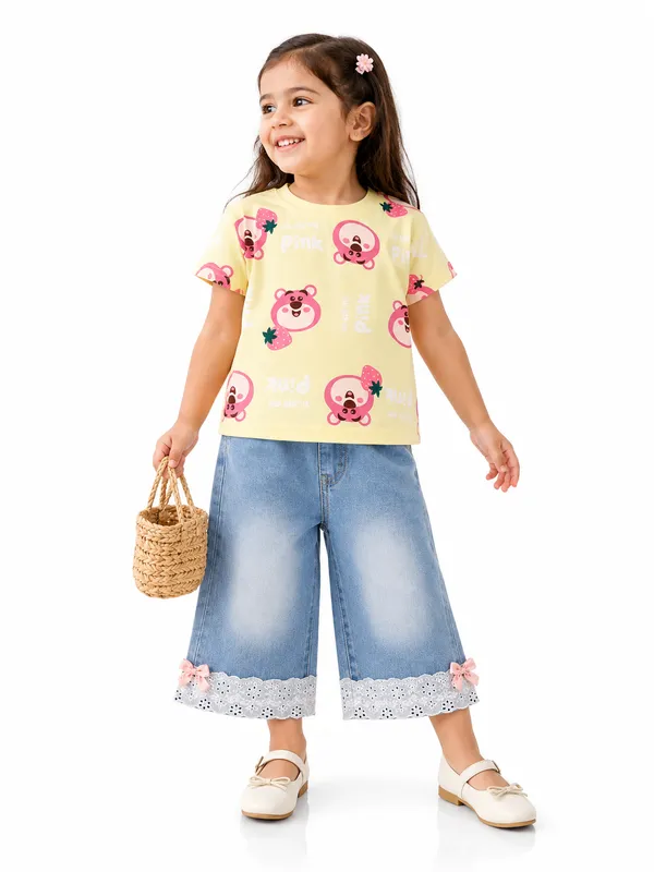 Girls_Yellow_Bear_T-Shirt_and_Lace_Trim_Denim_Bottom