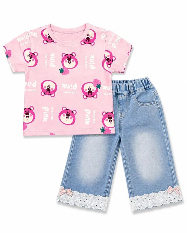 Girls'_Pink_Bear_T-Shirt_and_Lace-Trim_Denim_Jeans_Set