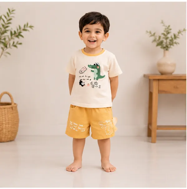 Kids_Cotton_T_Shirt_And_Shorts_Set_Printed_Half_Sleeve_T_Shirt_With_Elastic_Waist_Shorts_Casual_Summer_Outfit_For_Boys_Yellow_and_Girls_Yellow_Floral_Print_Dress_with_Ruffle_Collar_and_Bow