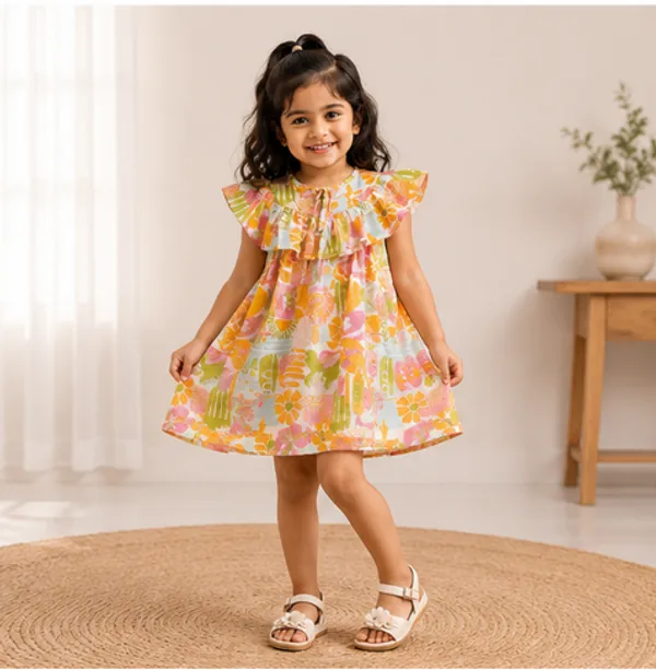 Kids_Cotton_T_Shirt_And_Shorts_Set_Printed_Half_Sleeve_T_Shirt_With_Elastic_Waist_Shorts_Casual_Summer_Outfit_For_Boys_Yellow_and_Girls_Yellow_Floral_Print_Dress_with_Ruffle_Collar_and_Bow