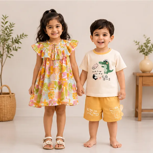 Kids_Cotton_T_Shirt_And_Shorts_Set_Printed_Half_Sleeve_T_Shirt_With_Elastic_Waist_Shorts_Casual_Summer_Outfit_For_Boys_Yellow_and_Girls_Yellow_Floral_Print_Dress_with_Ruffle_Collar_and_Bow