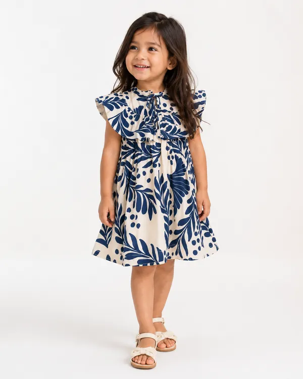 Navy_Blue_Botanical_Print_Ruffle-Front_Tiered_Dress_for_Girls