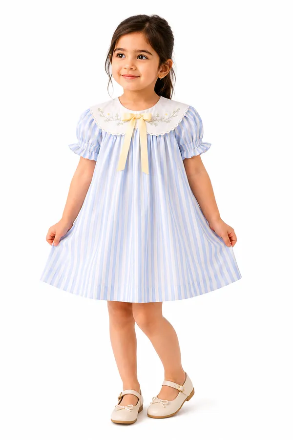 Blue_Striped_Collared_Dress_for_Girls_with_Puffed_Sleeves_and_Bow_Detail